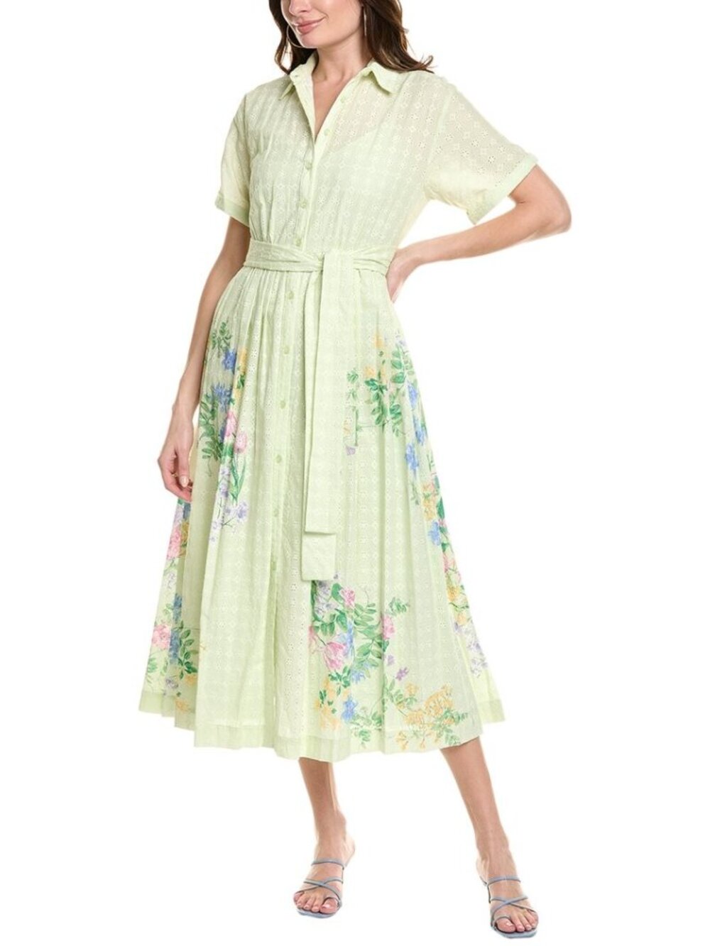 Taylor Women's Eyelet-Embroidered Belted Shirtdress - Pistachio Pea Green